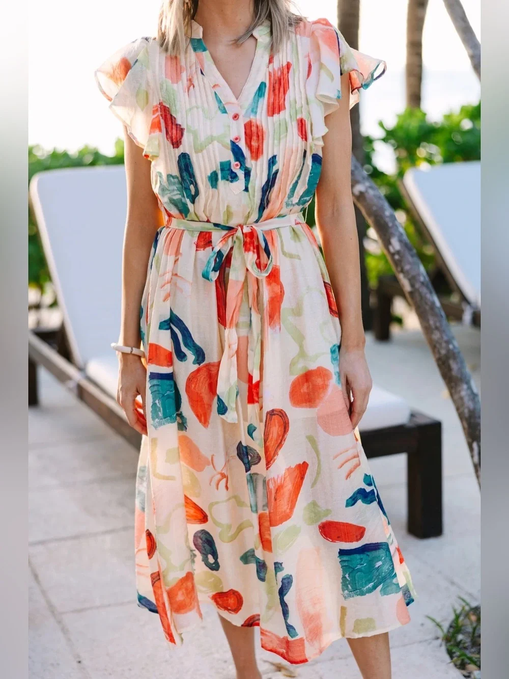 TCEC Good To Go Orange Midi Dress Colorful Abstract Print Tie-Waist XL